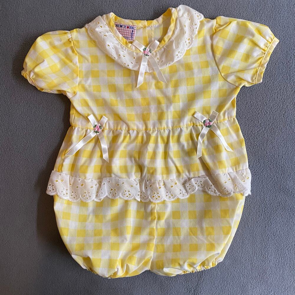 Vtg 80s 90s New York Kids Yellow Checkered Plaid Playsuit Romper 24M Eyelet Lace
